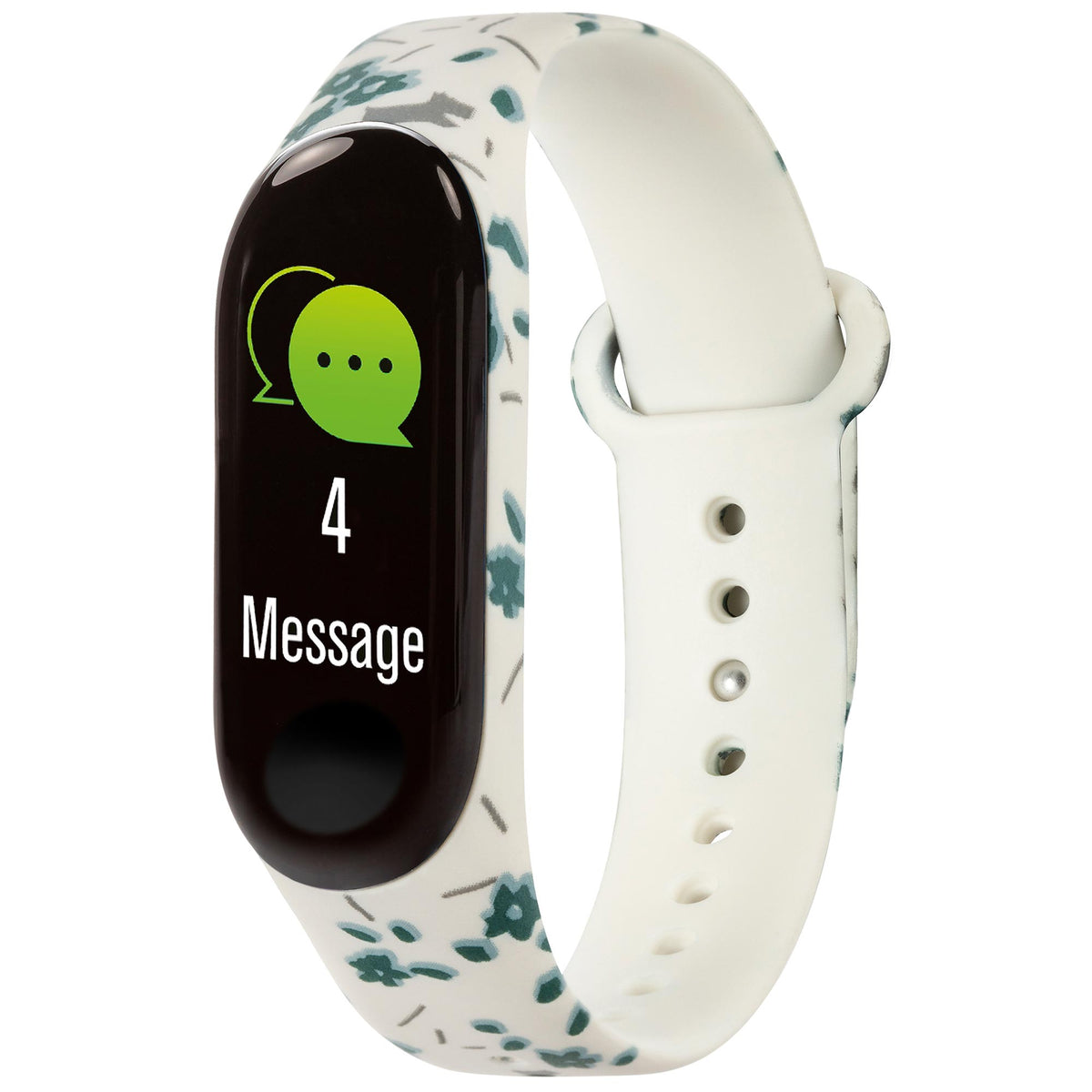 Smartwatch with black digital screen showing “Message” and “4”, white silicone strap