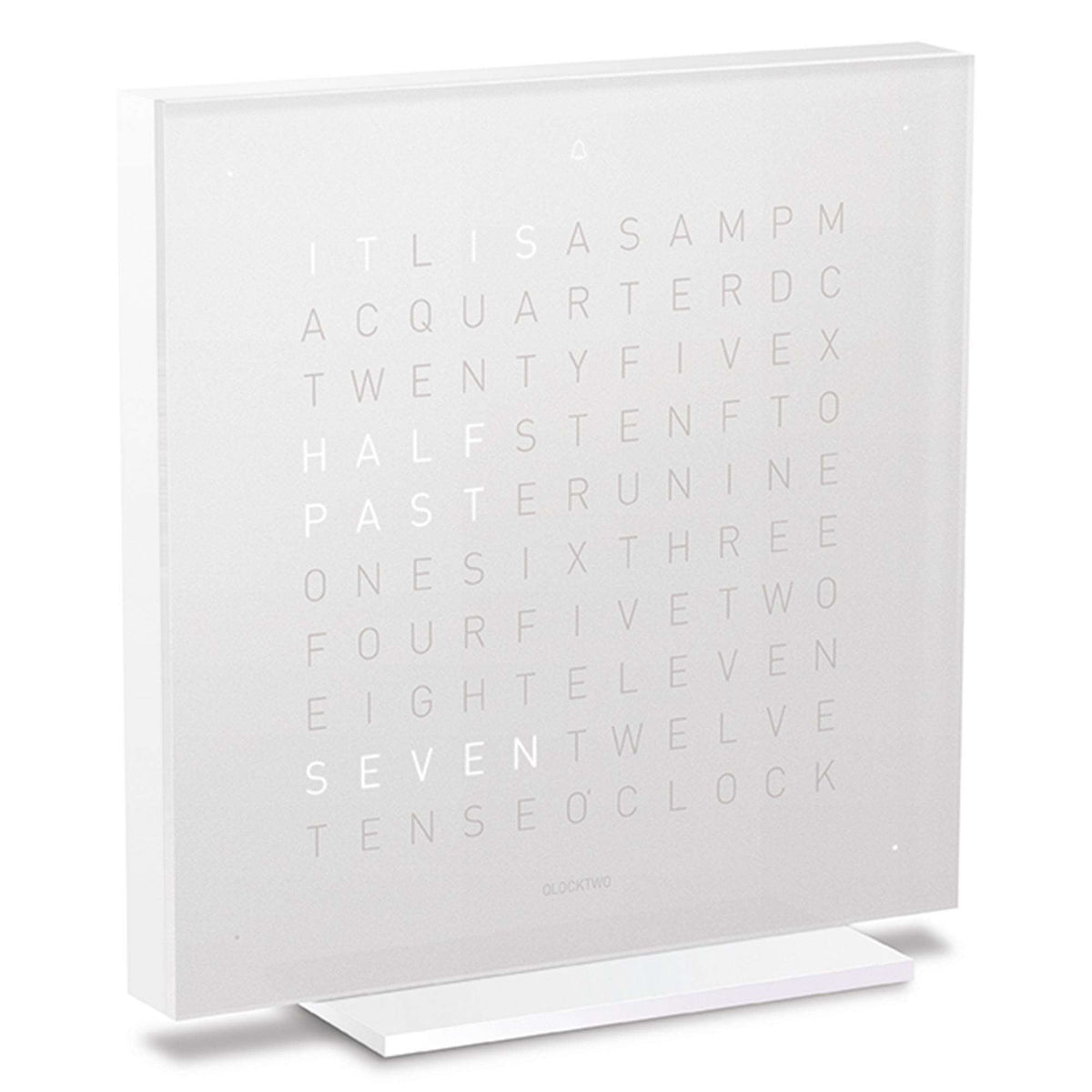 Vanilla acrylic touch table clock angled view with word time dial and stand