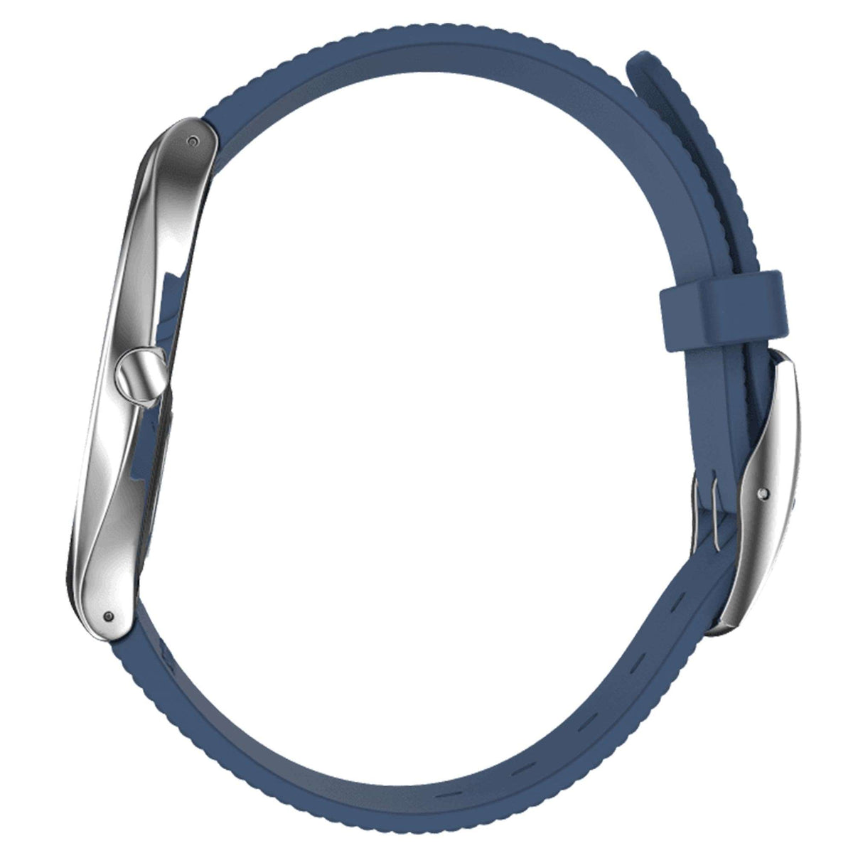 Blue rubber watch strap with silver metal case, shown from the side.