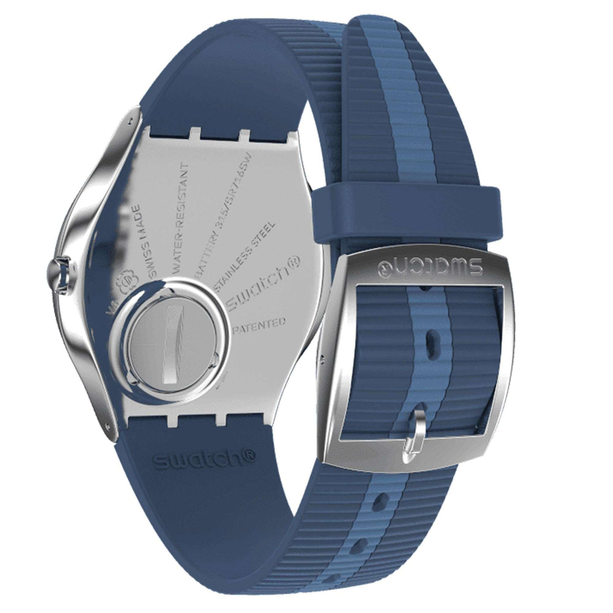 Swatch watch case side with blue rubber strap, viewed from back angle.