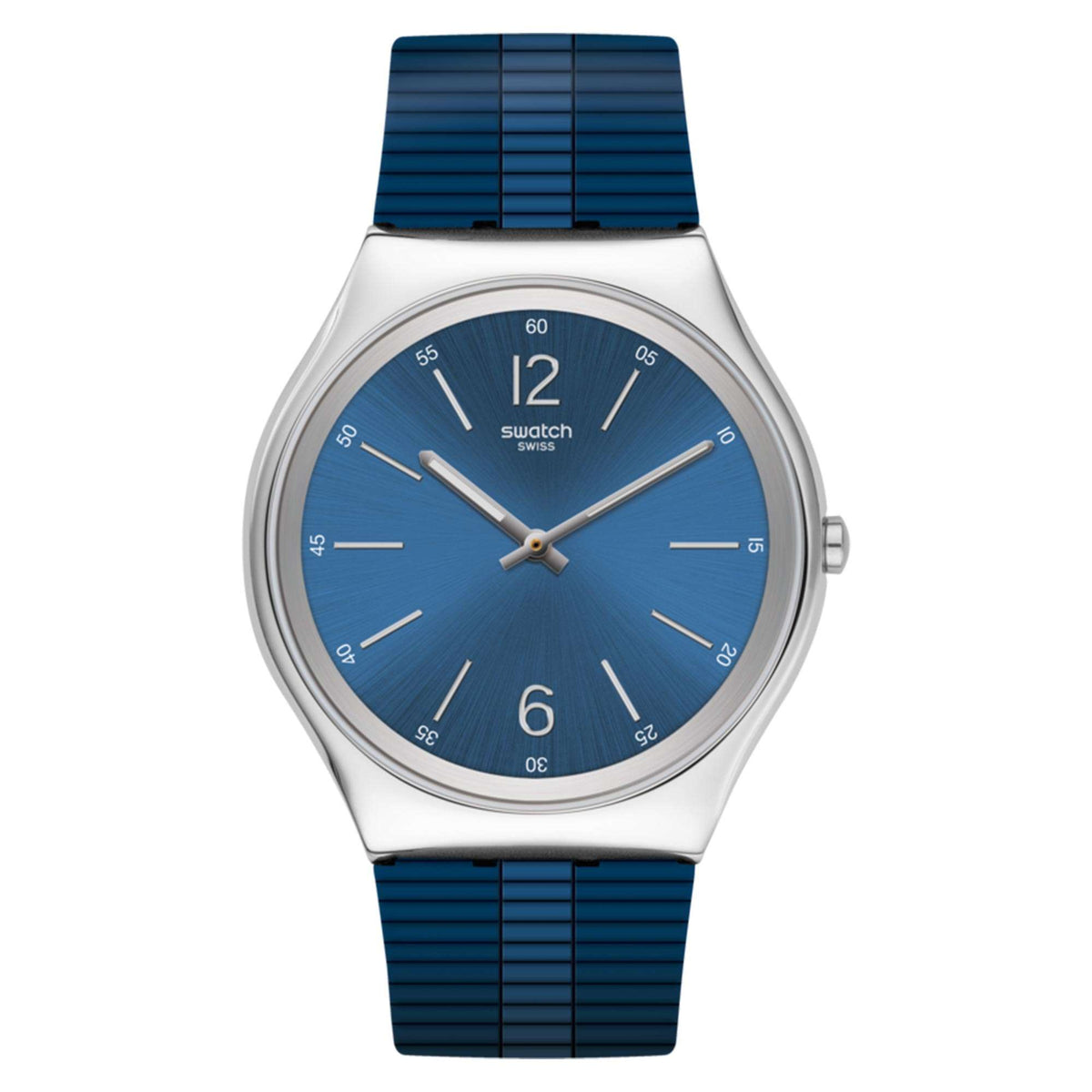 Swatch quartz watch with blue dial, silver case, and blue rubber strap.