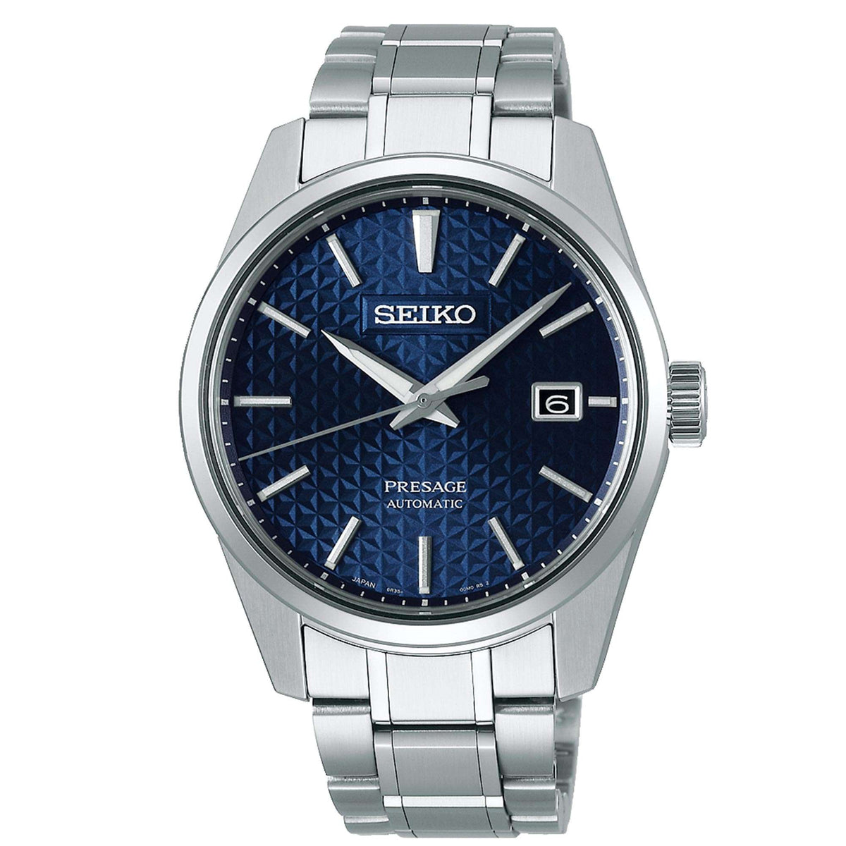 Seiko Presage men's automatic watch, blue textured dial, silver stainless steel bracelet, date window