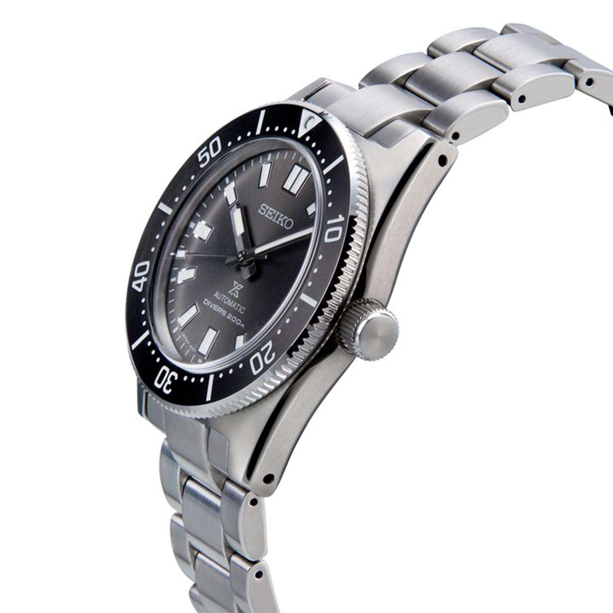 Stainless steel men's diver watch at angle, black dial, rotating bezel, round crown.