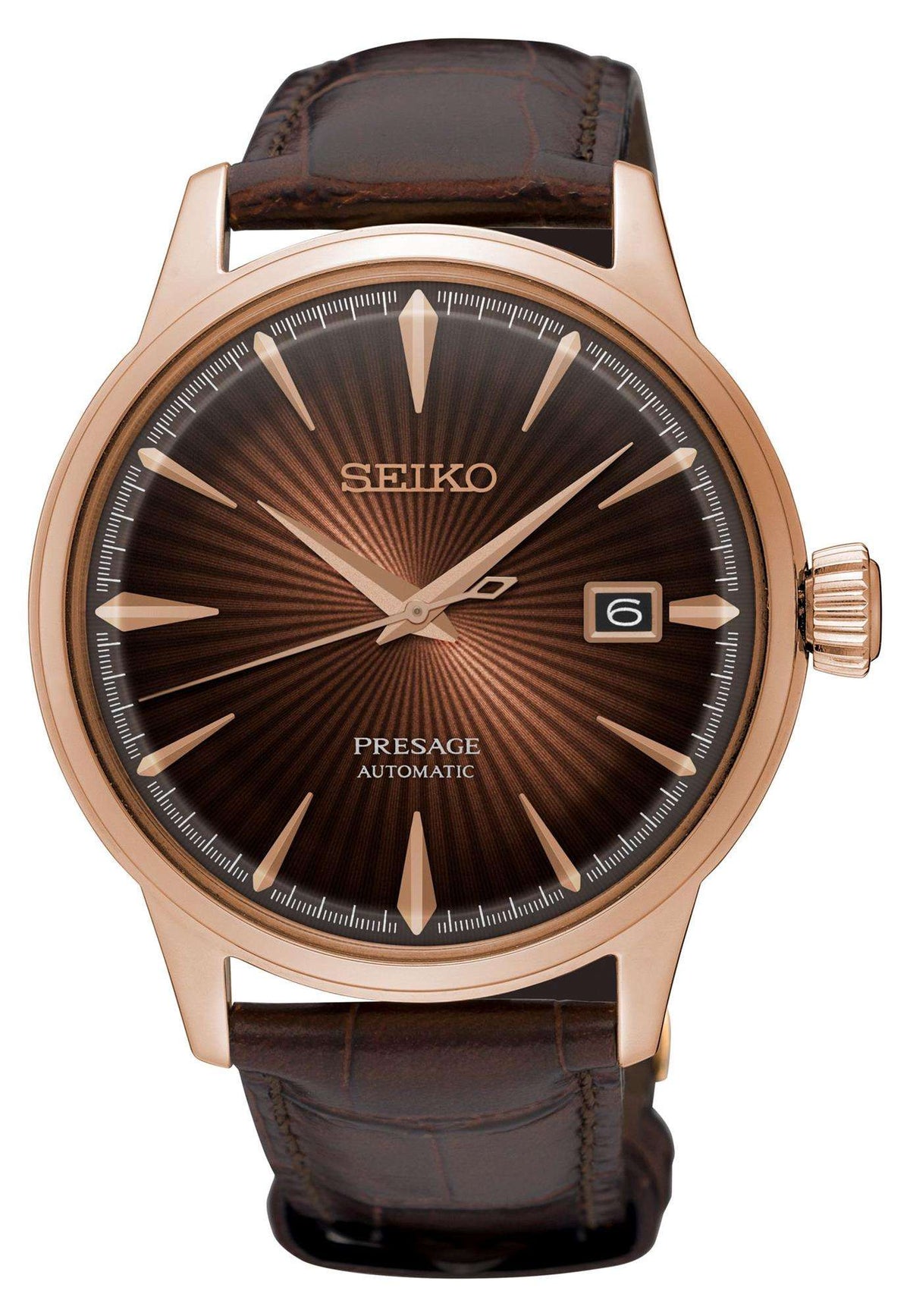 Brown leather strap automatic wrist watch with rose-gold case and dark brown sunburst dial