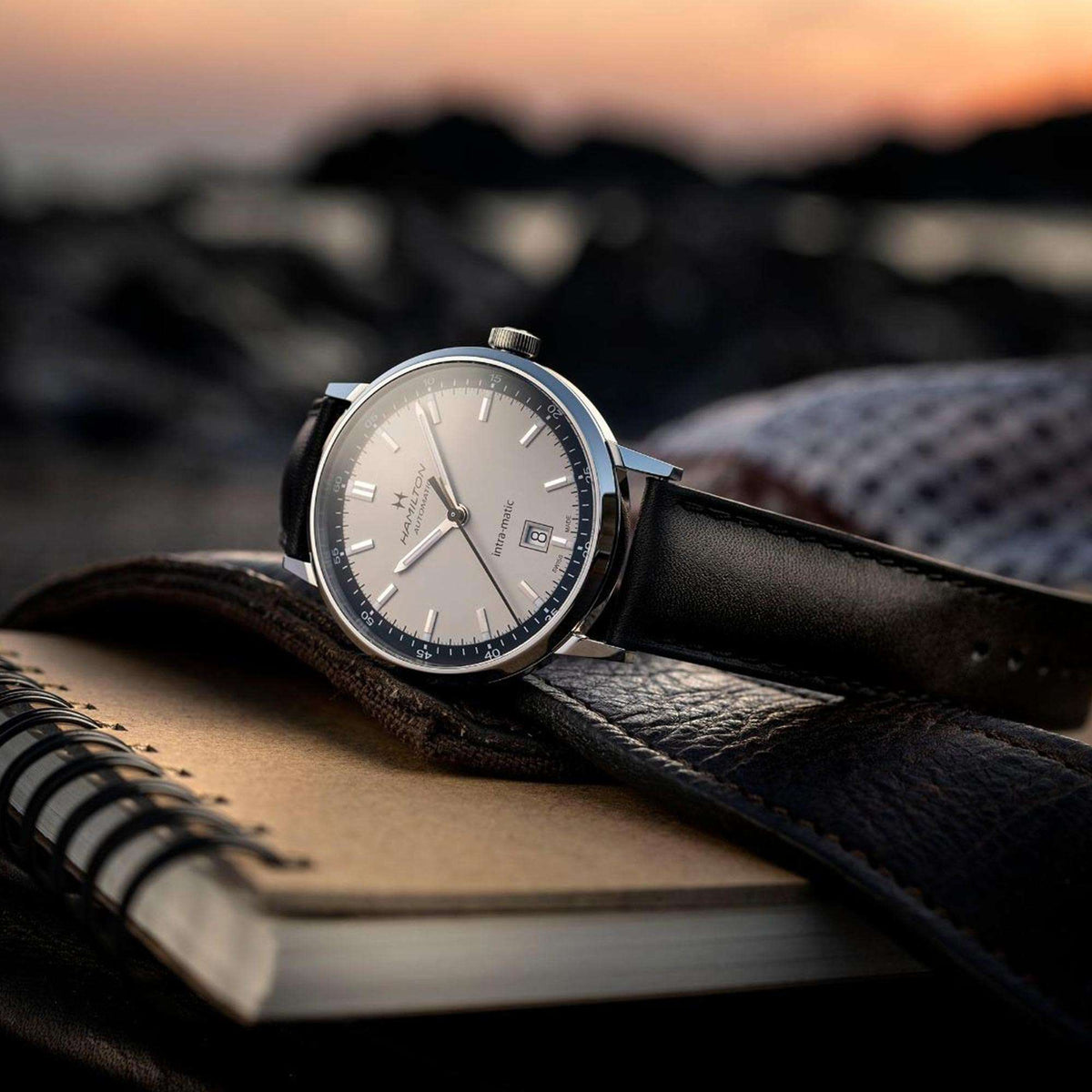 Hamilton automatic watch with beige dial on black leather strap