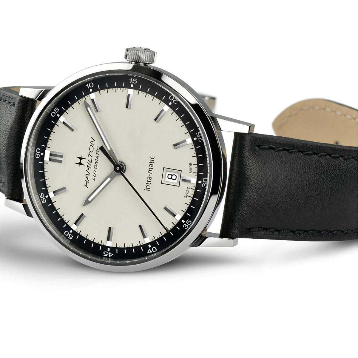 Automatic Hamilton watch with beige dial, black leather strap, round steel case