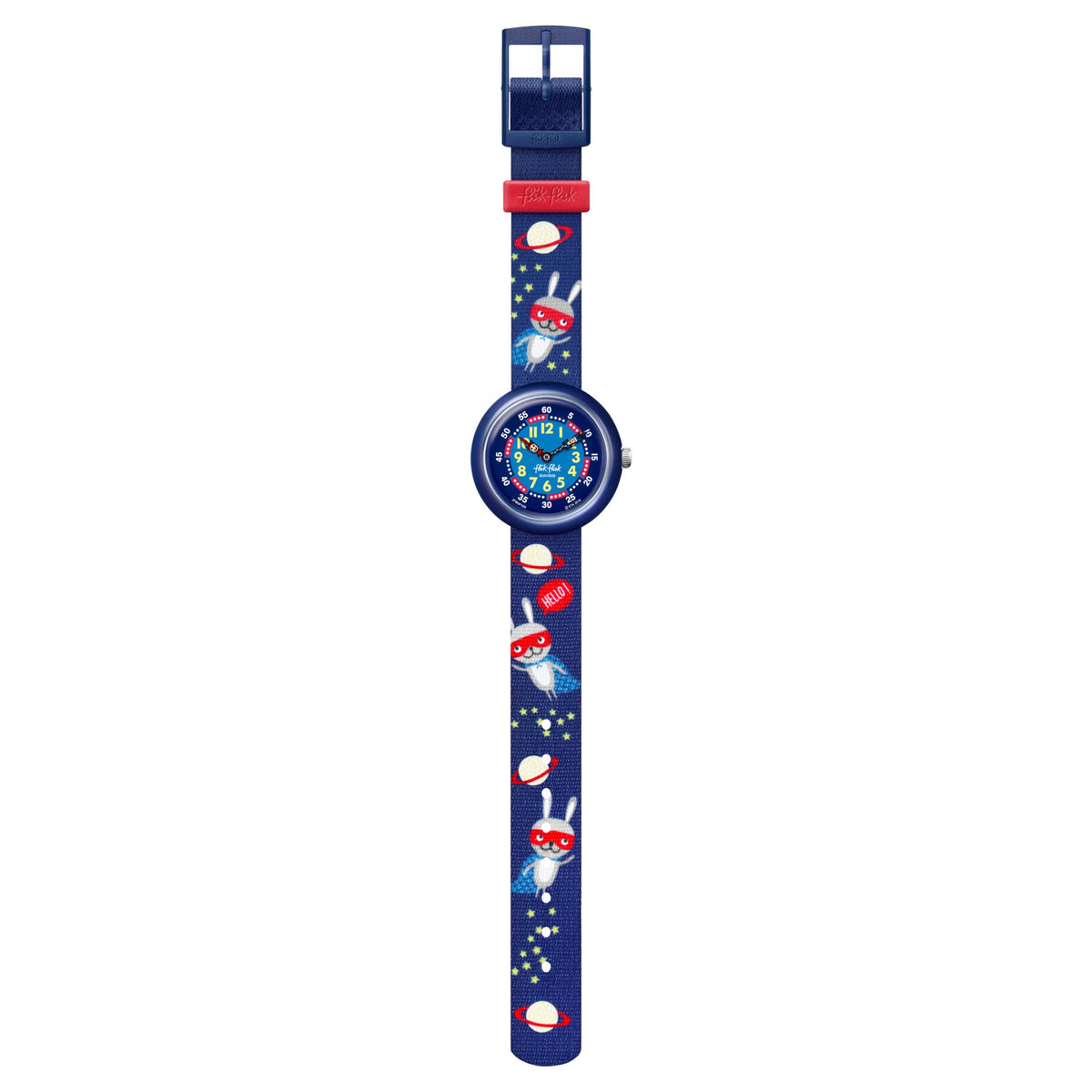 Boys blue quartz watch standing alone with textile strap and round blue face