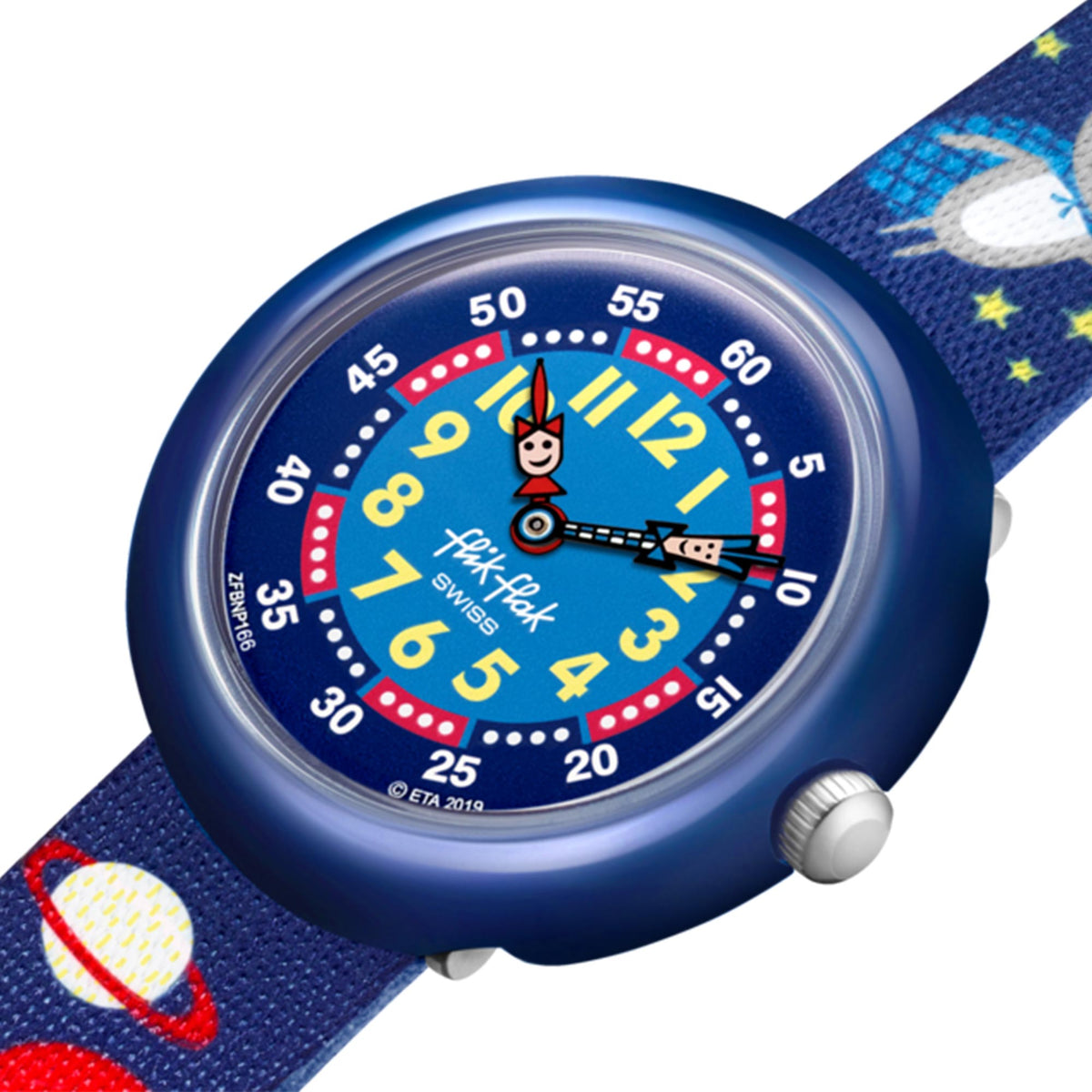 Close-up of boys blue quartz watch dial with colorful numbers and star details