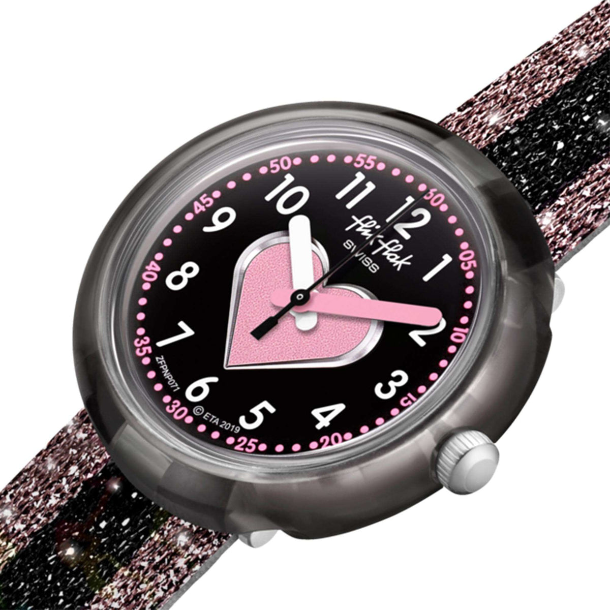 Flik Flak girls watch close-up, black case with pink heart hands and silver crown