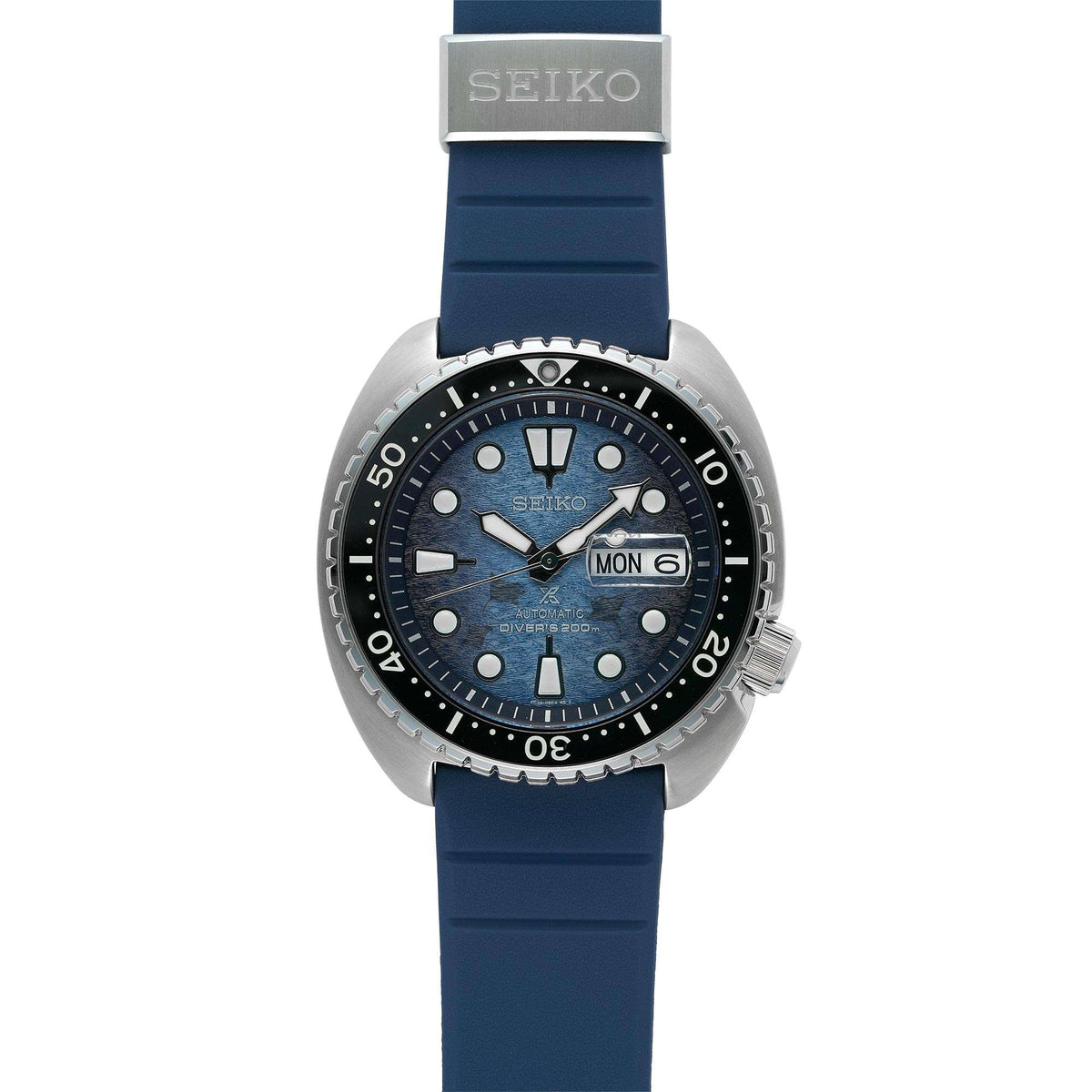 Men's Seiko automatic diving watch with blue dial, black bezel, and blue silicone strap