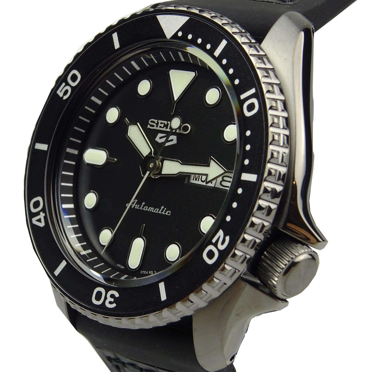 Men's automatic watch angled view with black dial, thick bezel, and black leather strap.
