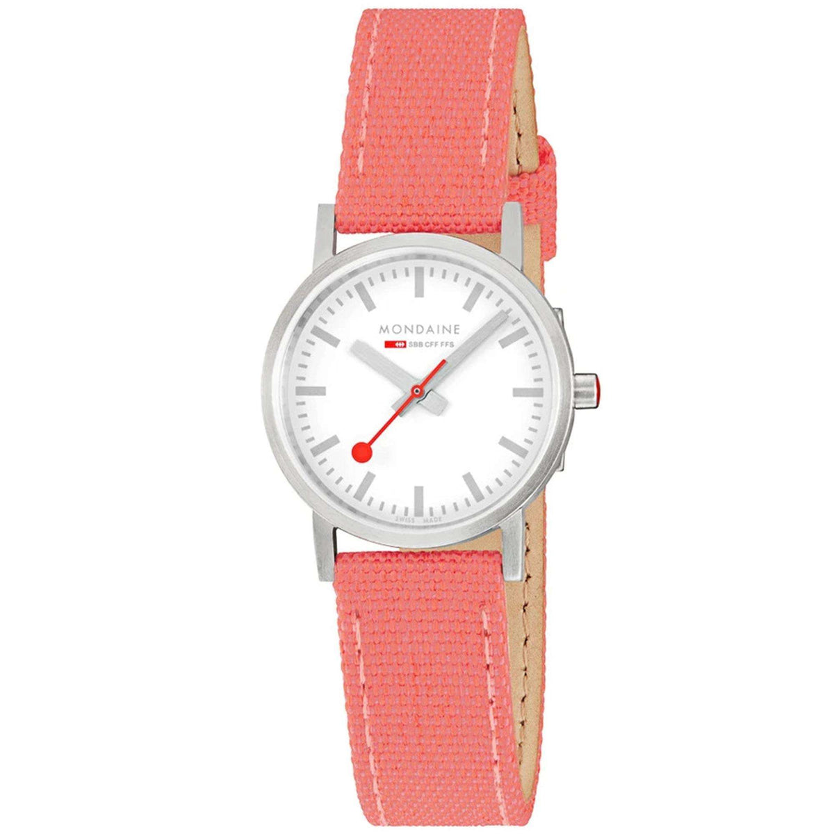 Coral red textile strap ladies quartz watch with white dial and silver round case