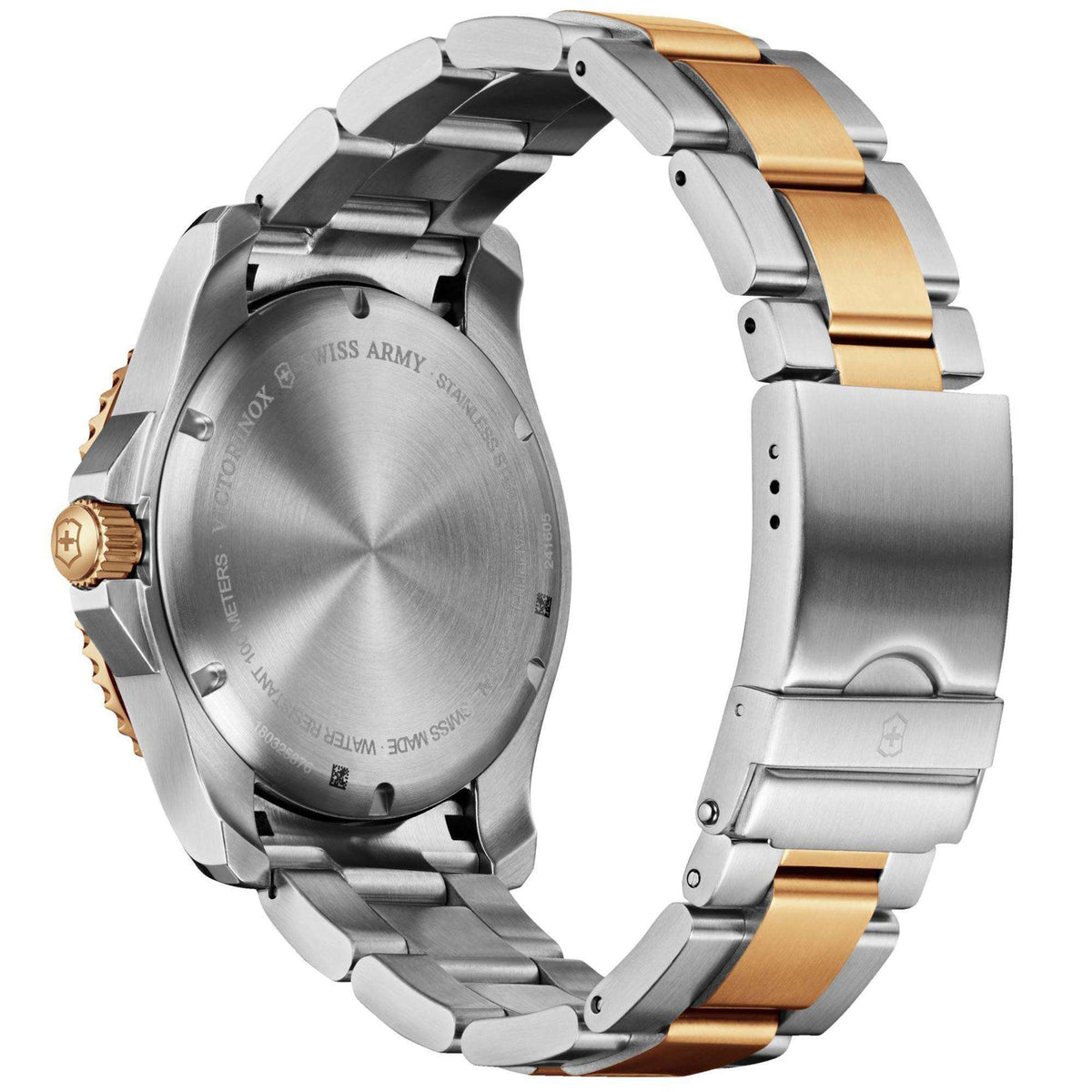 Men's stainless steel watch with gold accent links and brushed caseback