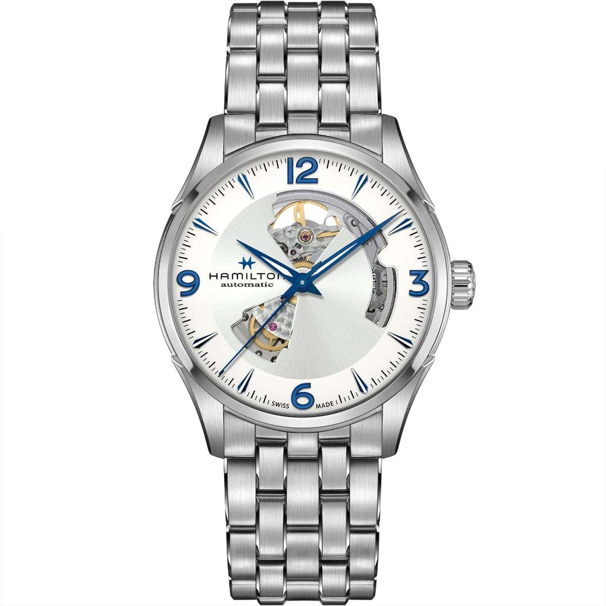 Men's automatic open-heart watch with silver steel bracelet, white dial, blue hands