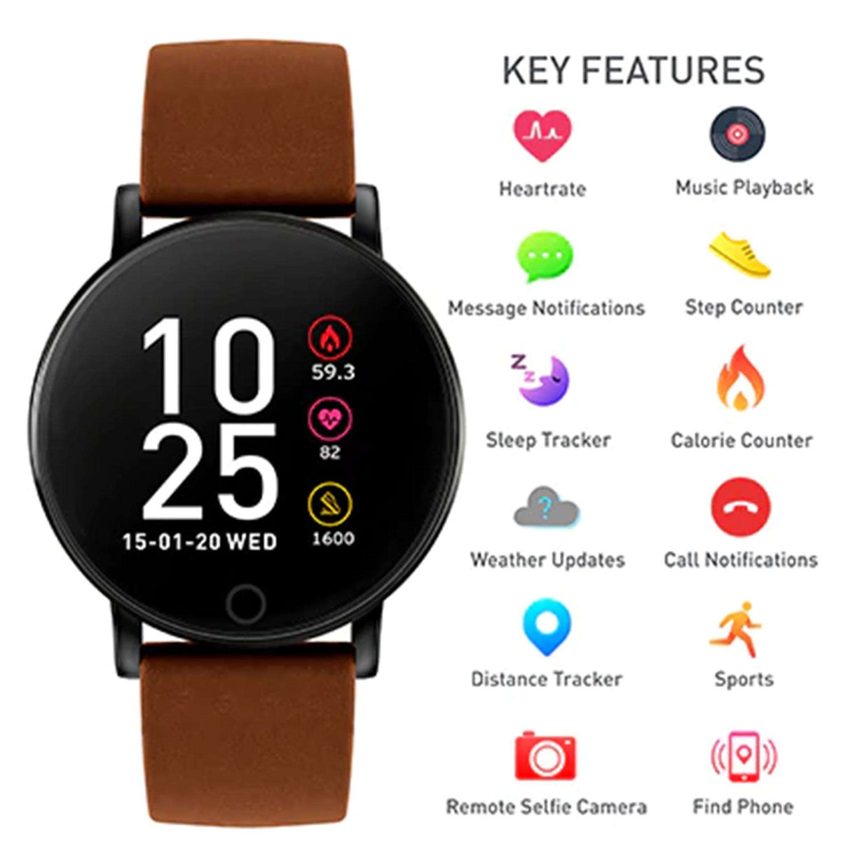 Round smartwatch with black dial and tan leather strap, key feature icons shown