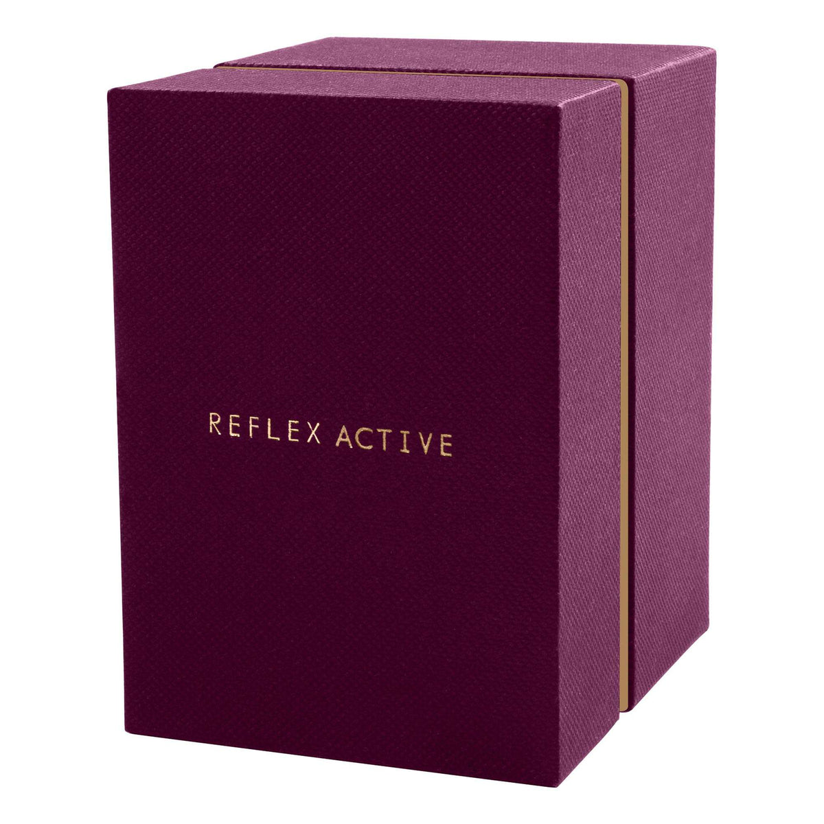 Purple product box with gold edge trim and brand-style text