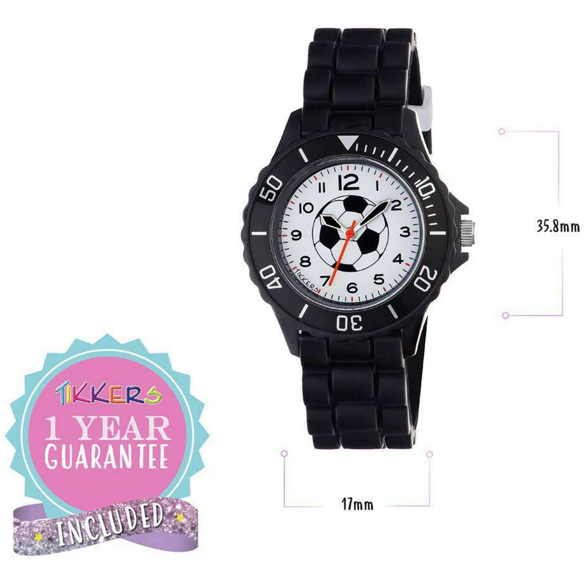 Boys football quartz watch with black strap and white dial with soccer ball hands