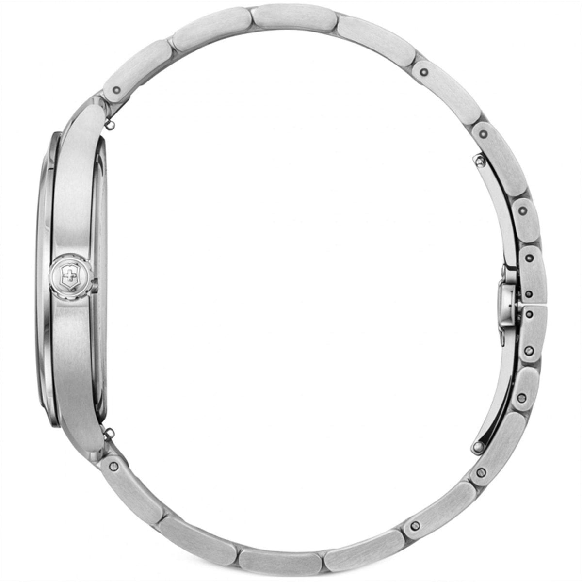 Victorinox steel watch with metal bracelet, back side profile