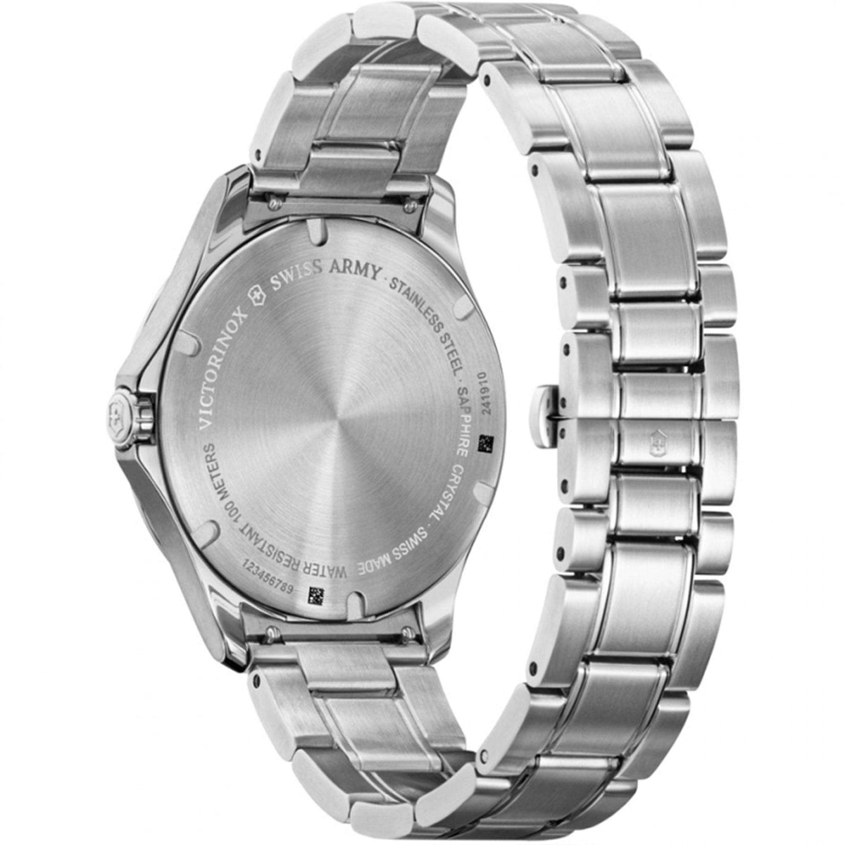 Victorinox steel watch caseback with bracelet links, engraved details