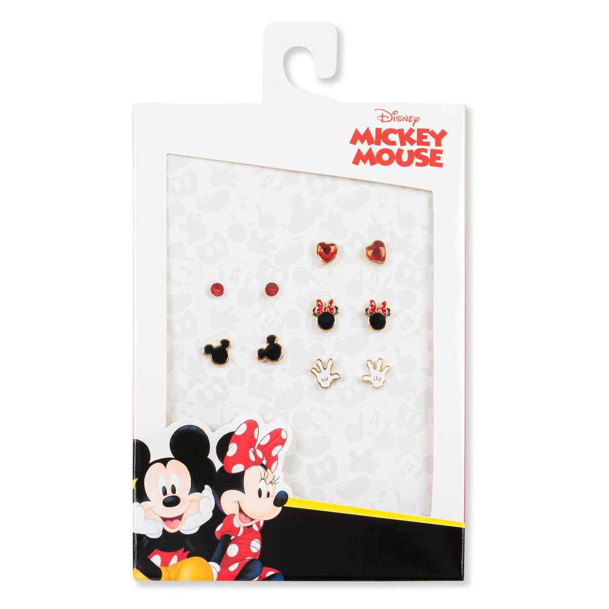 Mickey Mouse earring set on retail card showing multiple stud earrings inside