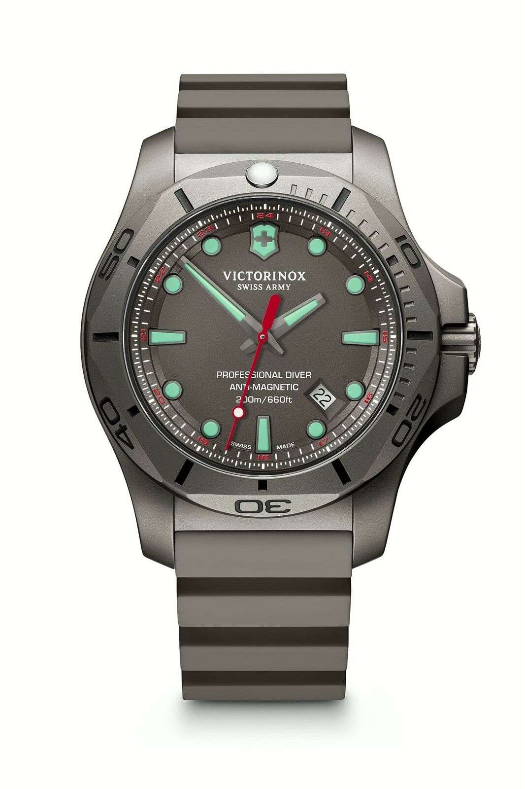 Grey men's diver watch with grey dial and rubber strap, analog diver styling