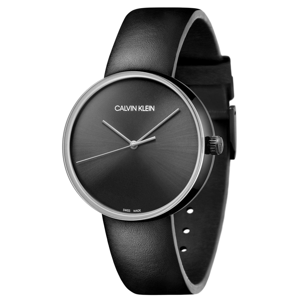 Ladies Calvin Klein leather strap watch with black dial, silver-tone hands and markers