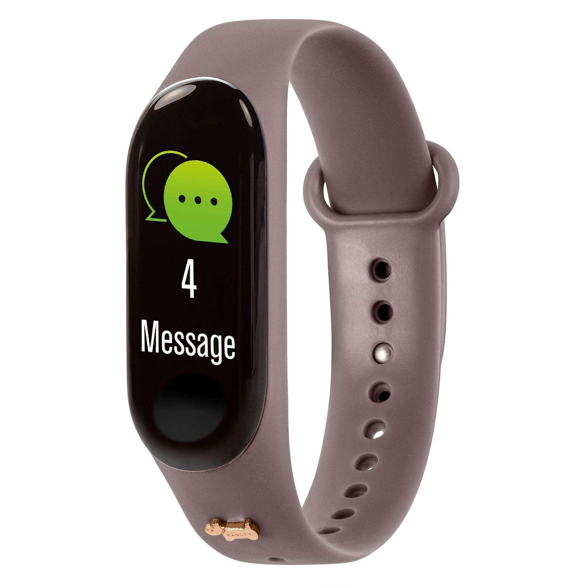 Grey fitness tracker watch on wrist band with button holes and side profile view