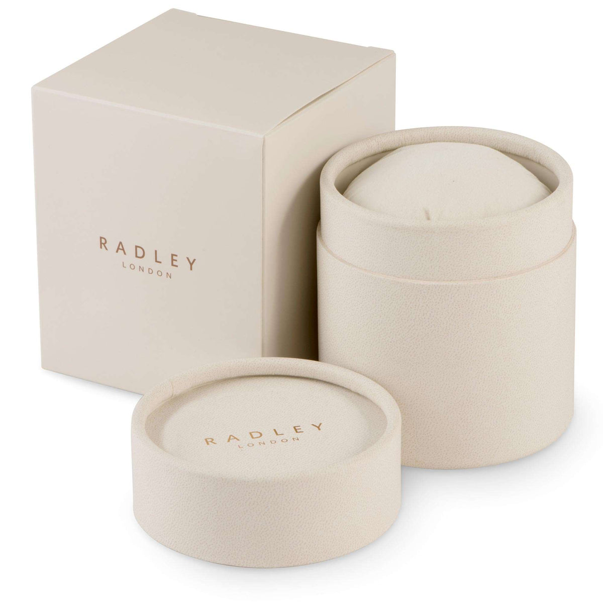 Beige Radley watch box with storage rolls and cushioned band holder