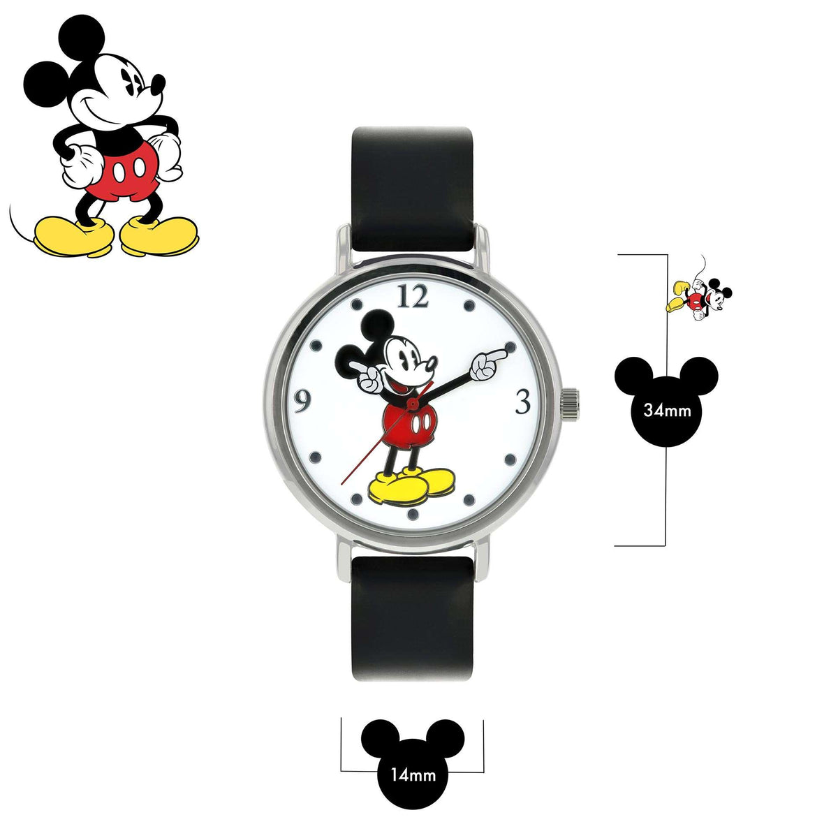 Mickey Mouse quartz watch on black strap, with silver round case and dial details