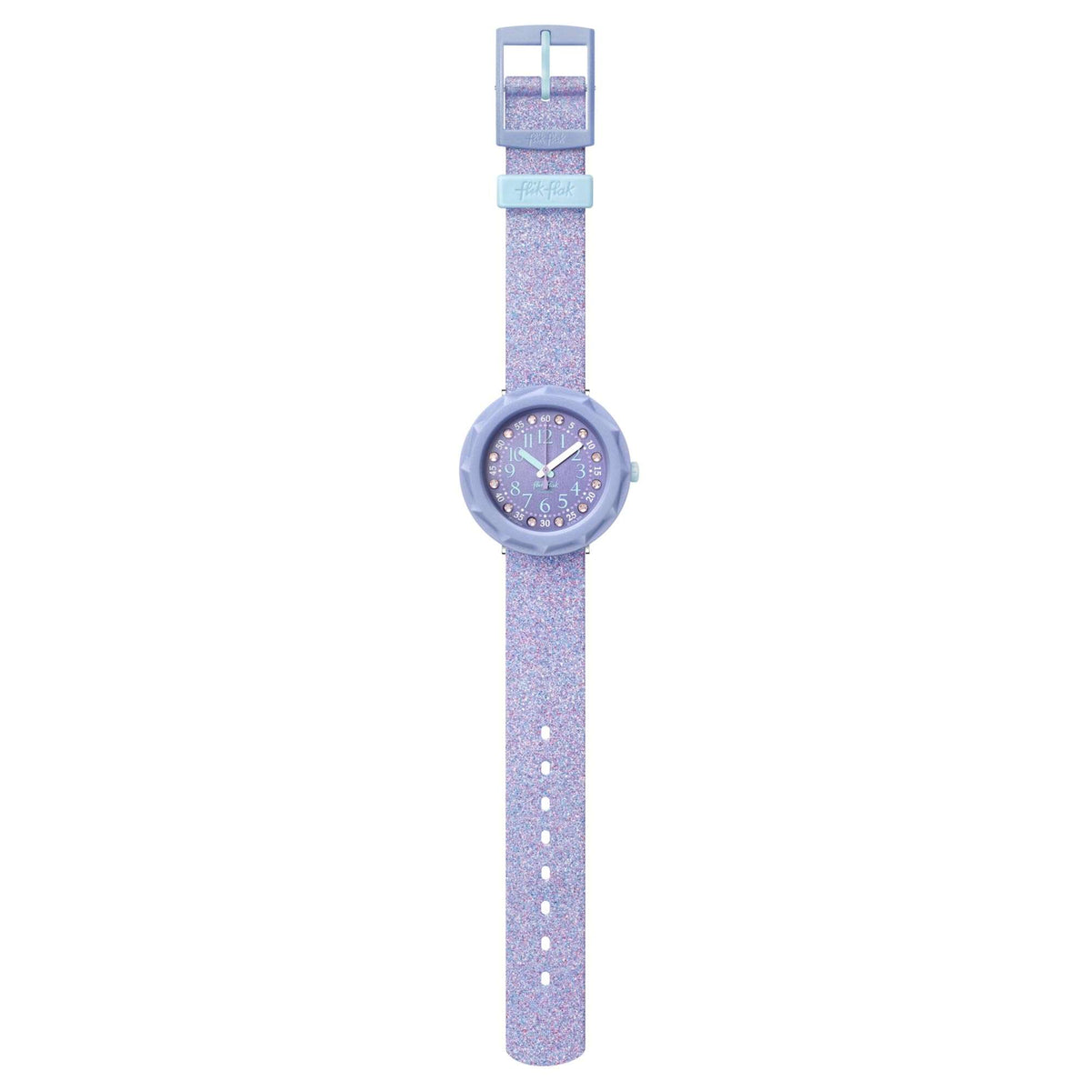Girls watch on purple glitter strap with round purple dial and pin buckle