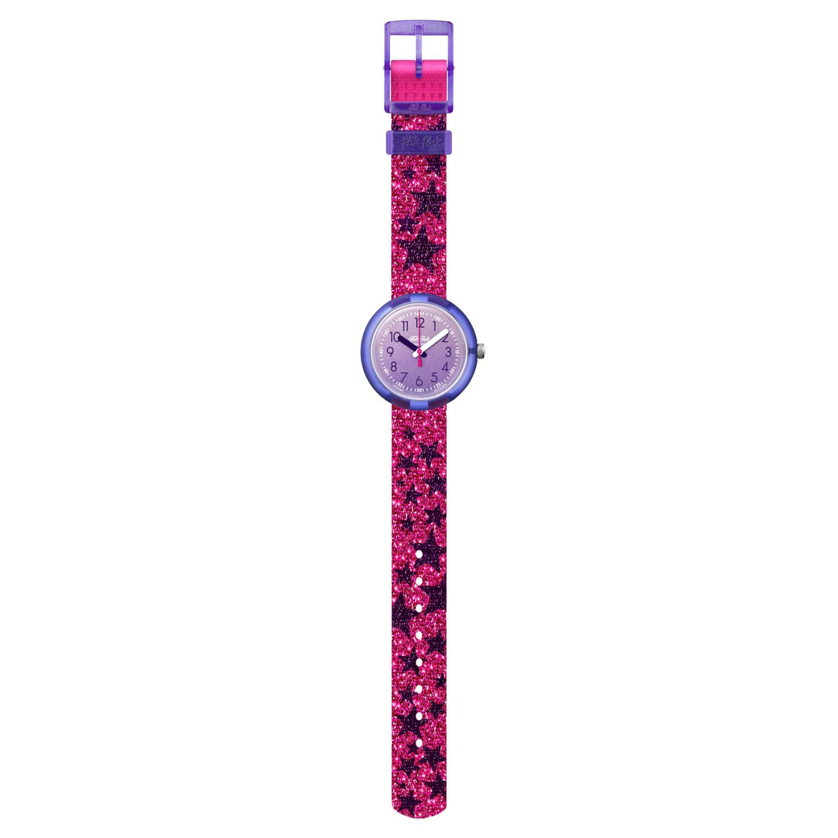 Girls round quartz wristwatch with purple dial and glitter pink textile strap, side view