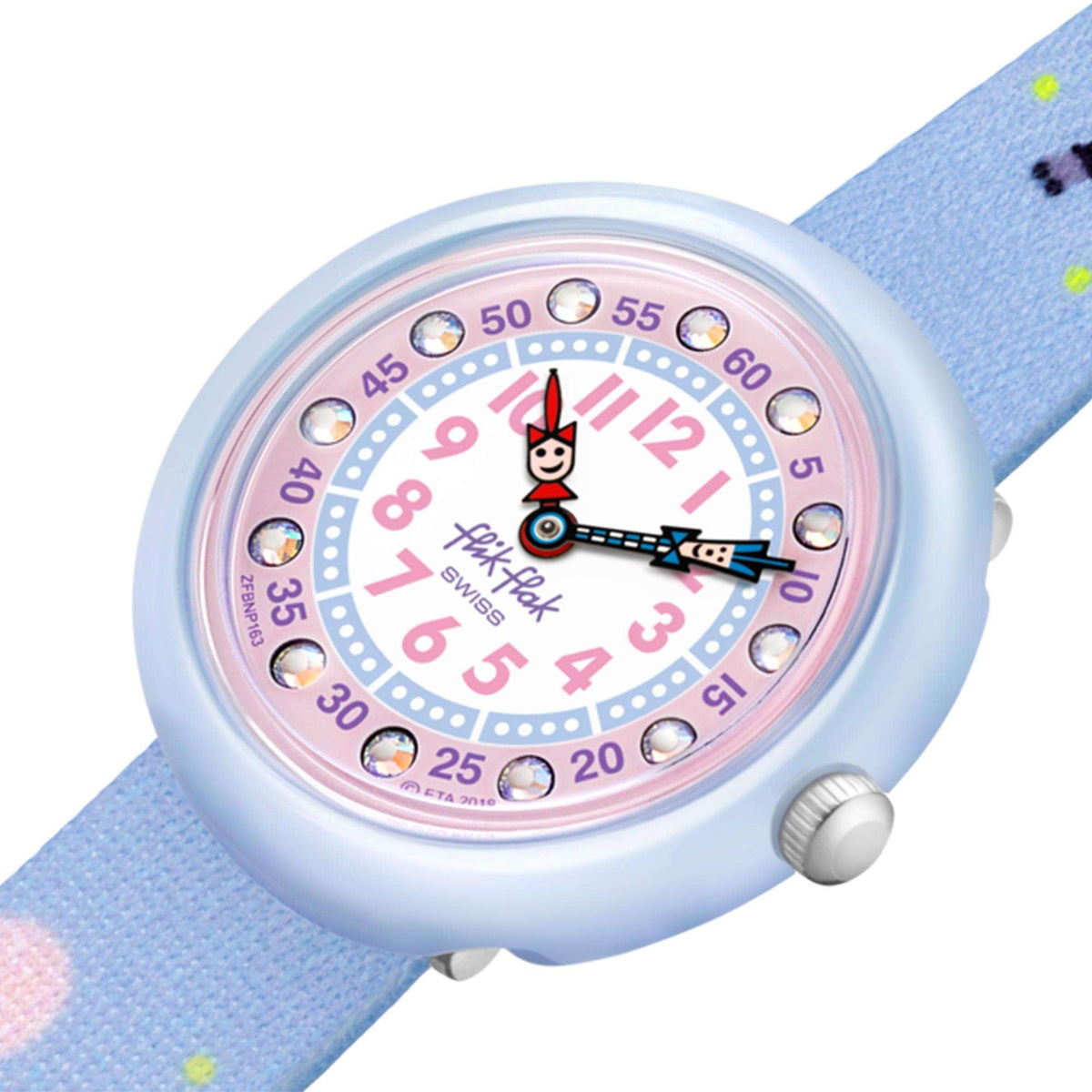 Kids quartz watch with round light-blue bezel, pink panda-themed dial, on blue textile strap
