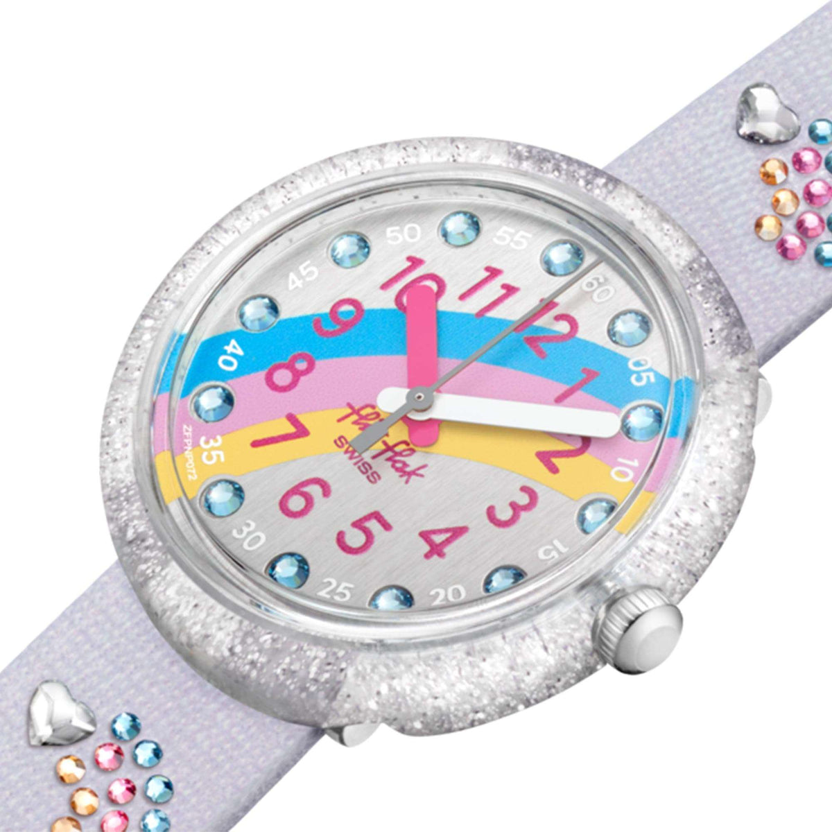 Flik Flak kids quartz wristwatch with glitter silver case, rainbow dial, grey plastic strap