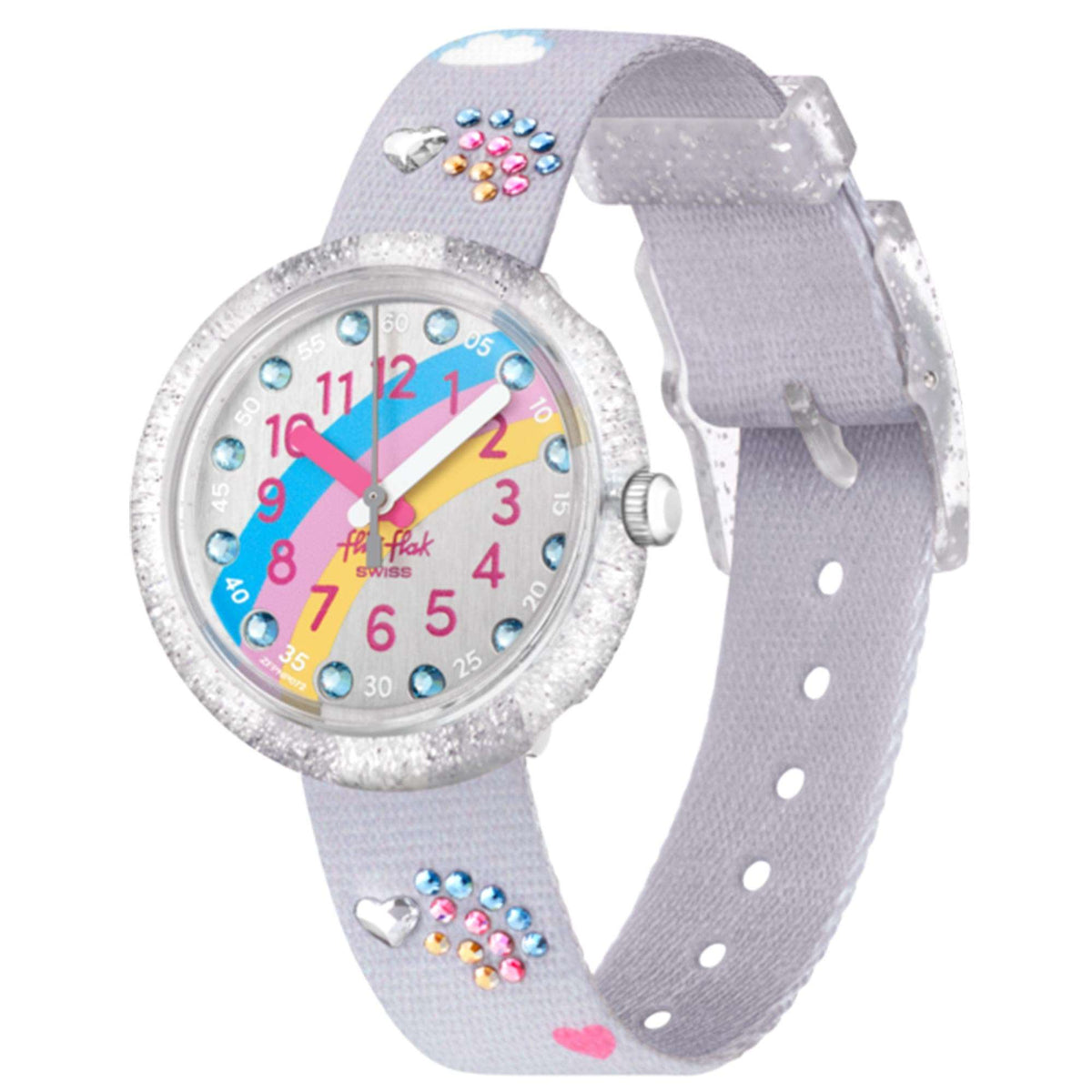 Flik Flak kids quartz wristwatch, rainbow dial with rhinestone accents, grey dotted plastic strap
