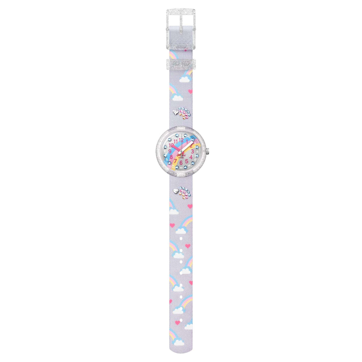 Flik Flak kids quartz wristwatch on light grey patterned strap with heart and rainbow motifs
