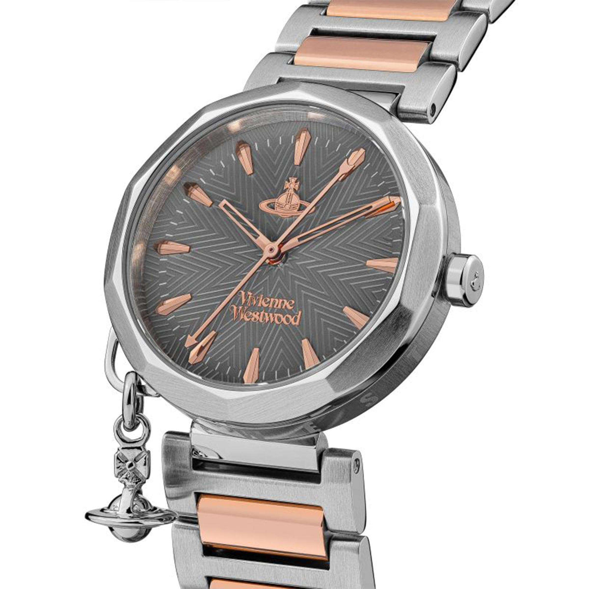 Ladies stainless steel quartz watch angled view, grey dial with rose-gold hands and bracelet