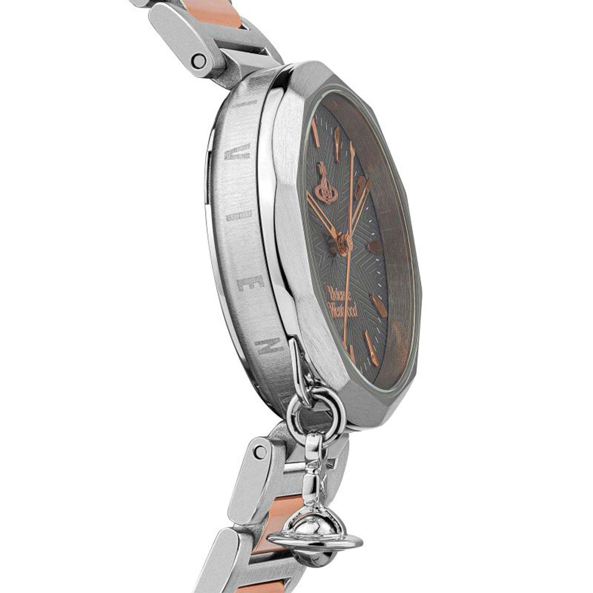 Stainless steel watch side view with grey dial, rose-gold accents, and dangling charm