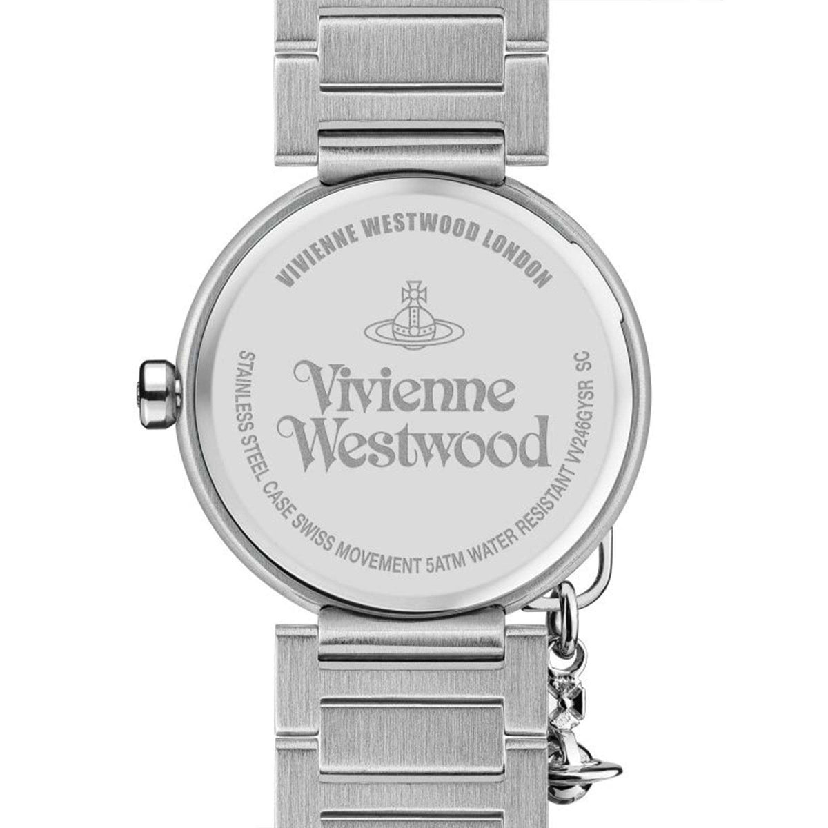 Stainless steel caseback with Vivienne Westwood branding and movement/water-resistance text