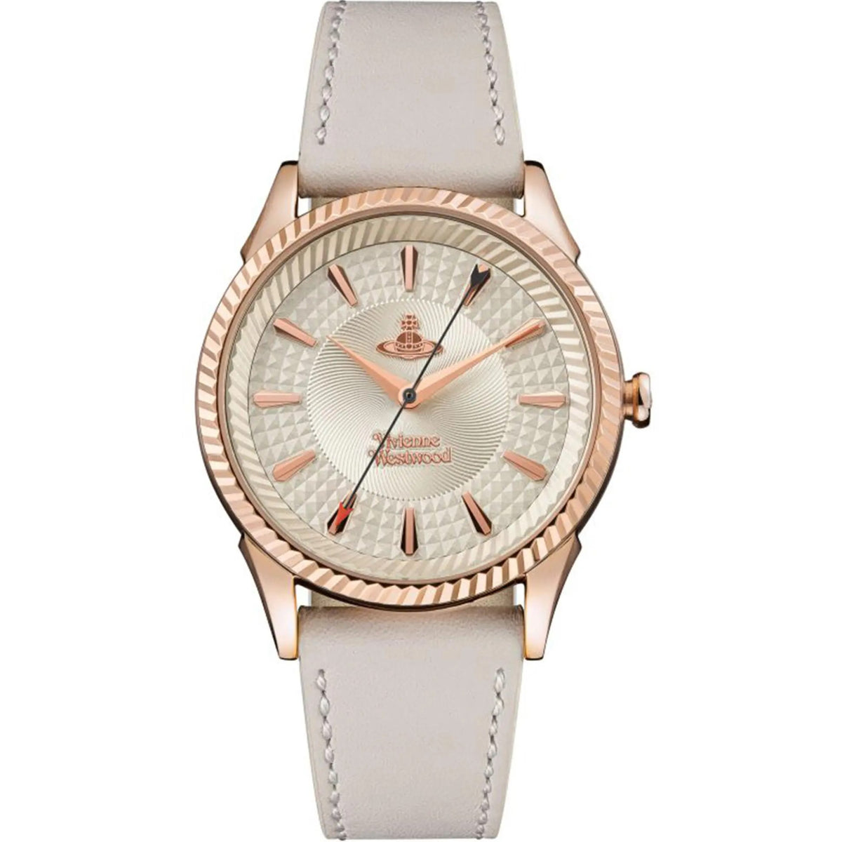 Ladies quartz watch with champagne dial, rose-gold case, light gray leather strap.