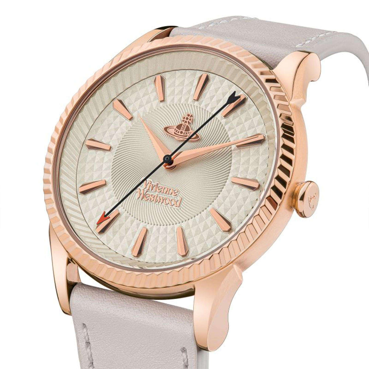 Ladies quartz watch with champagne dial and baton markers; light gray leather strap.