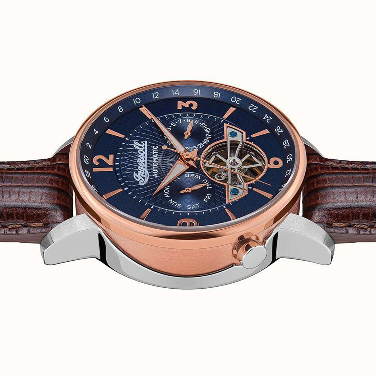 Men's automatic wristwatch with blue dial and brown leather strap, rose-gold case and crown