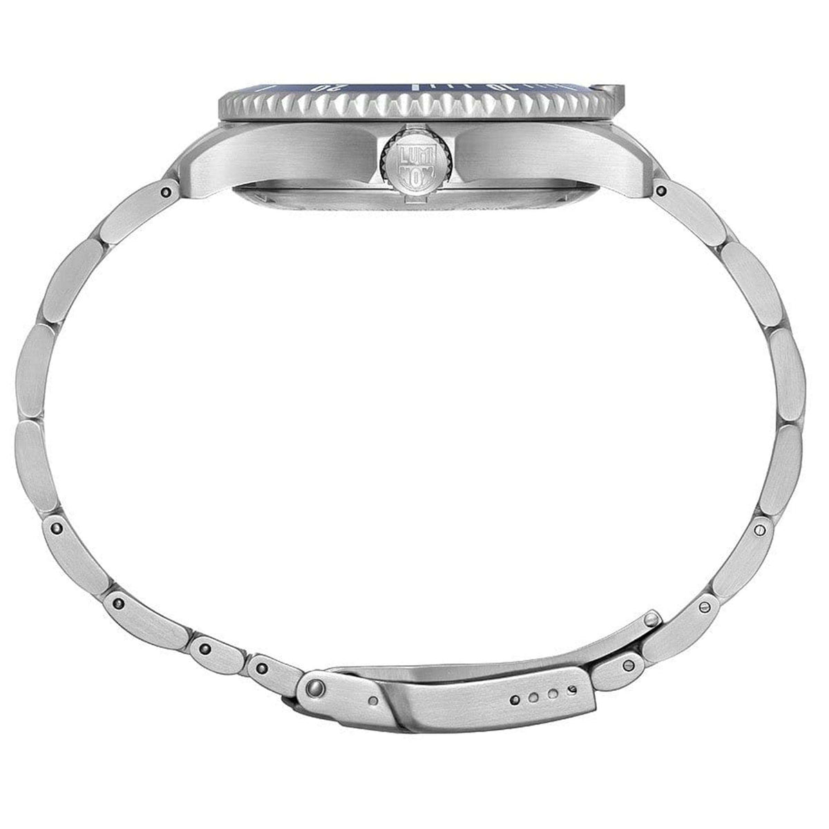 Men's automatic wristwatch caseback view with stainless bracelet links