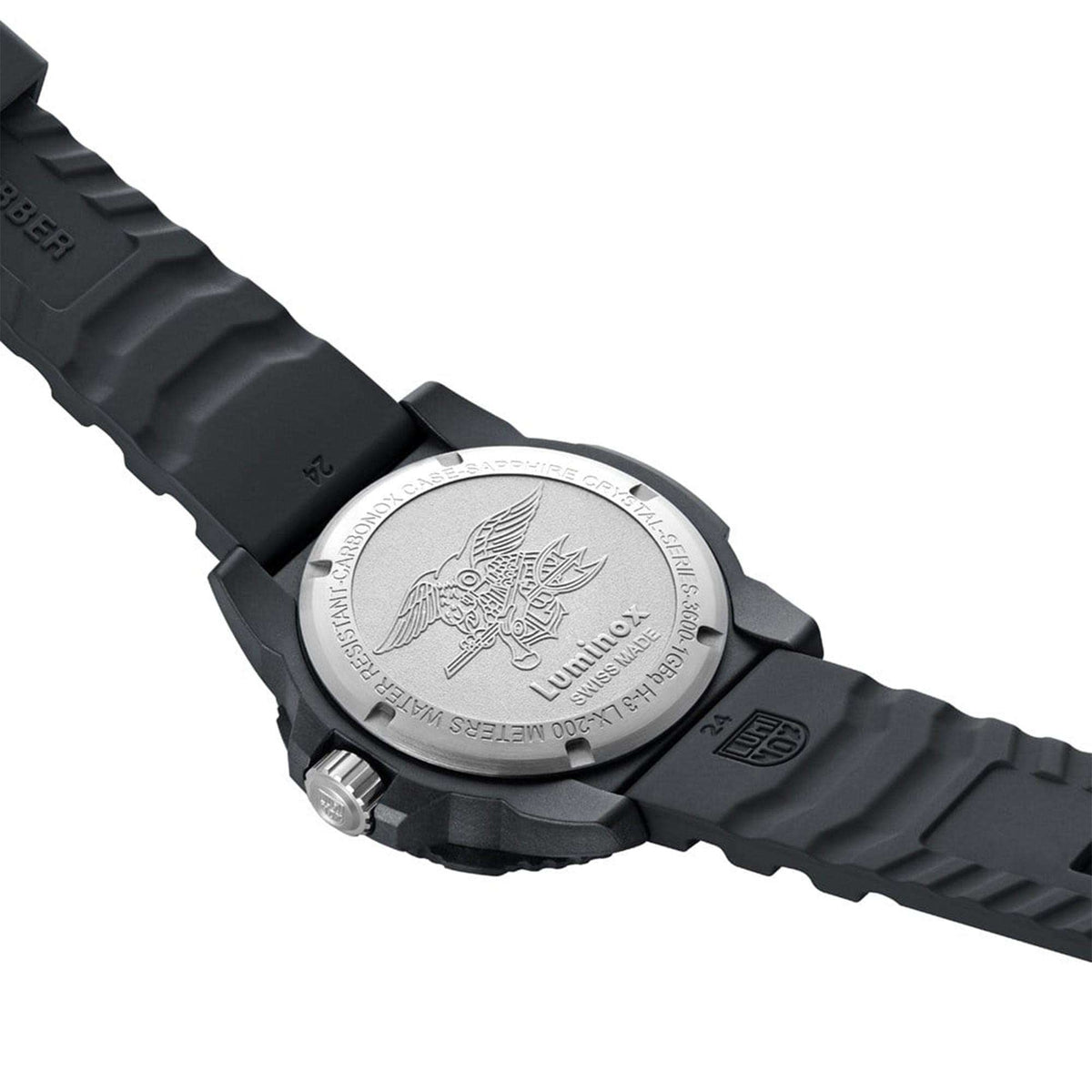 Engraved caseback on black rubber strap dive watch, silver back and crown detail
