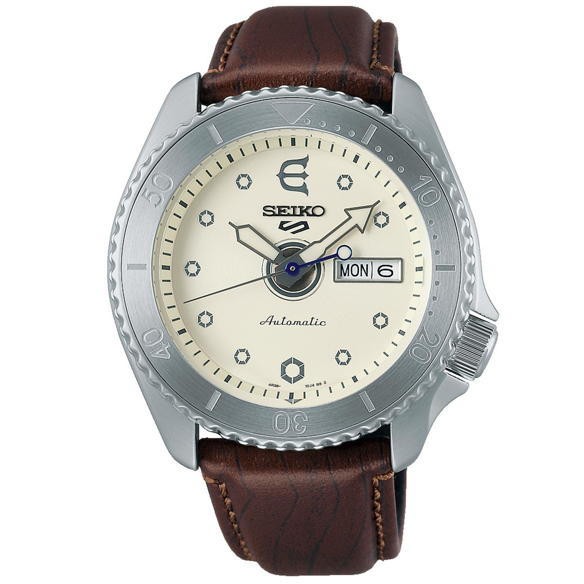 Seiko 5 Sports Evisen Skateboard limited edition automatic watch SRPF93K1 featuring a cream dial, engraved bezel, and brown textured leather strap