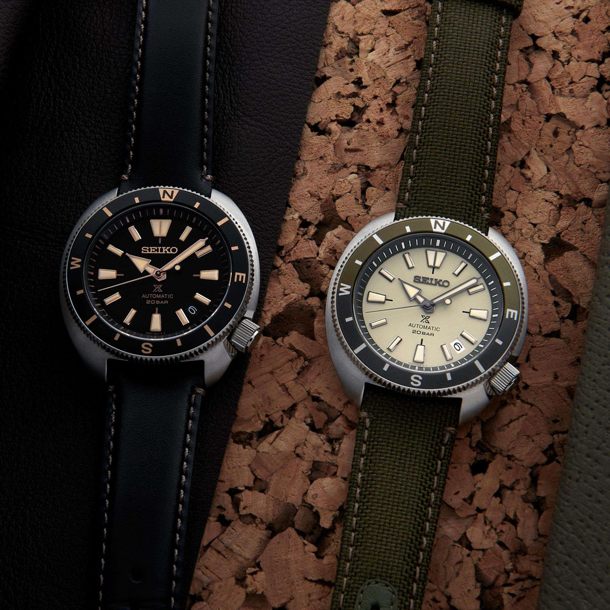 Men's automatic watch with tan dial and green textile strap, silver ribbed bezel