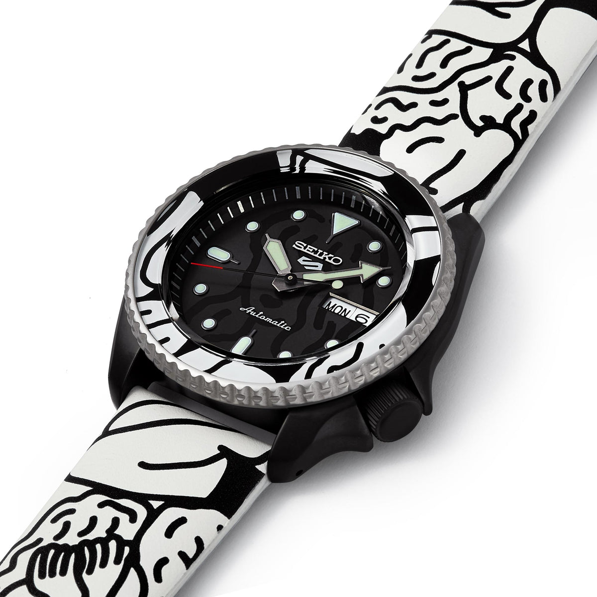 Seiko 5 Sports Auto Moai limited edition watch SRPG43K1 displaying Moai-inspired black and white design bezel and strap