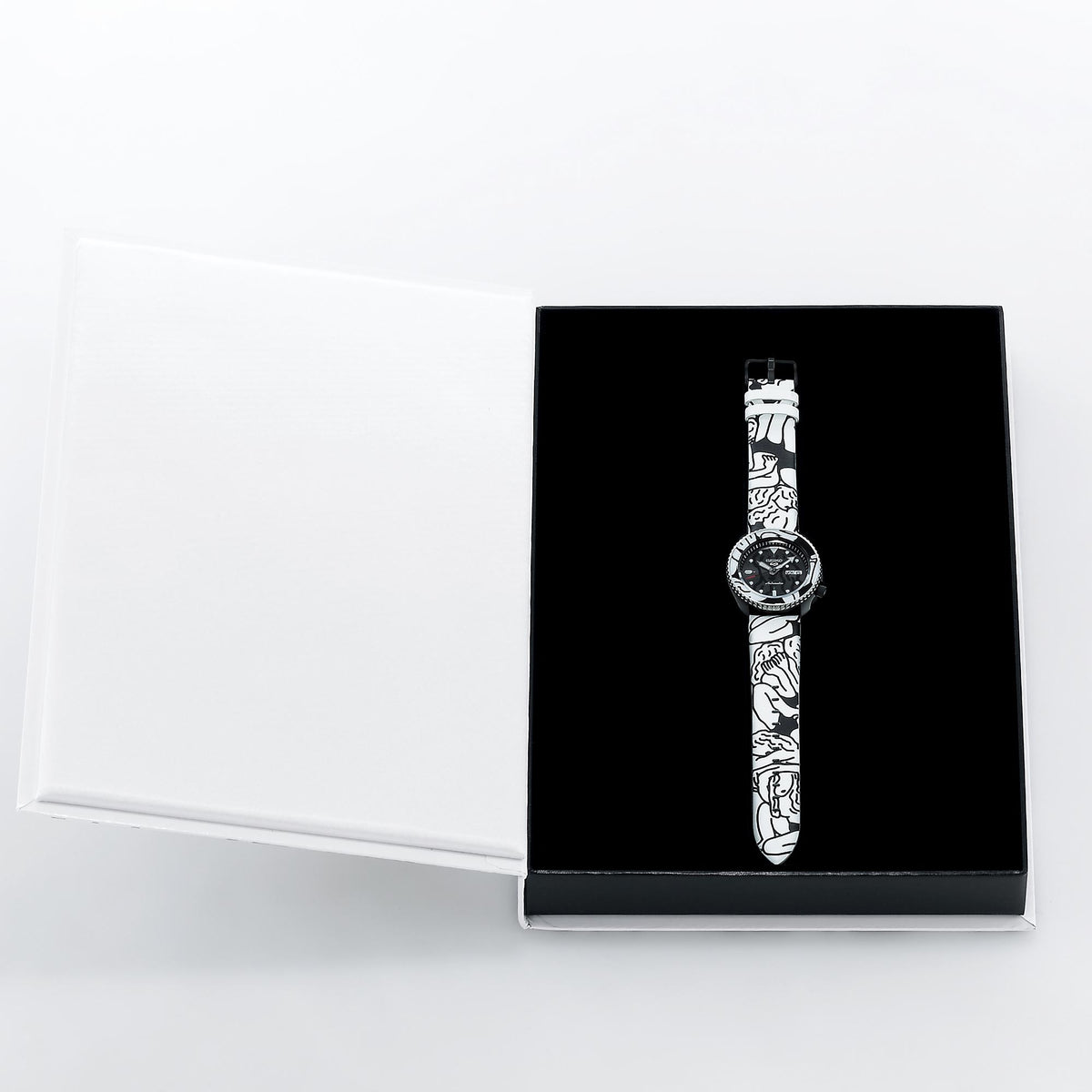Seiko 5 Sports watch SRPG43K1 displayed inside its special edition collector's box