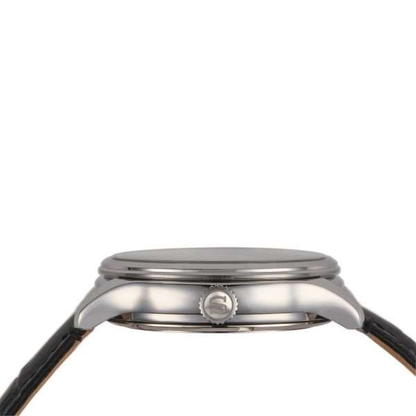 Seiko Presage watch case side profile with crown and black leather strap