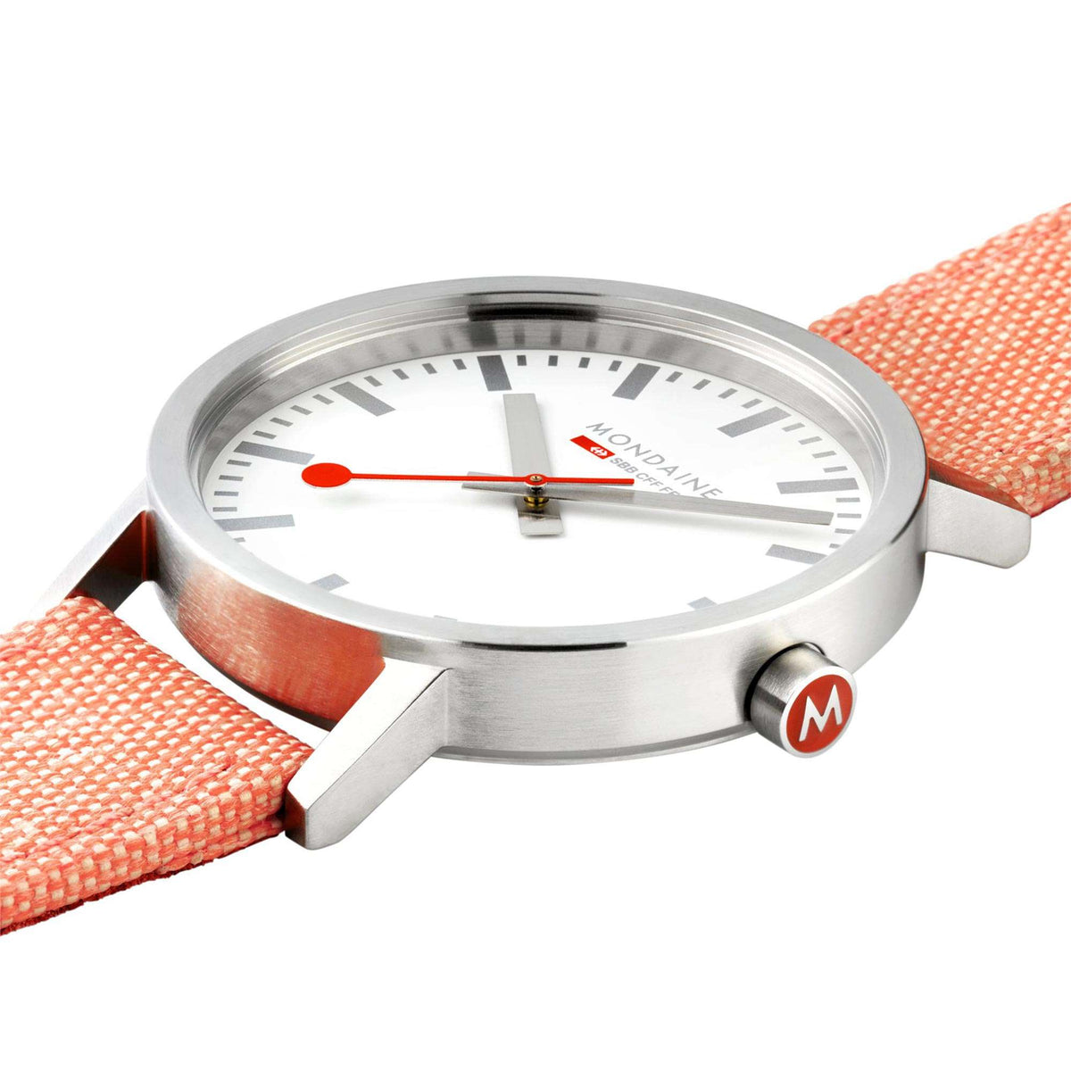 Ladies wristwatch close-up: stainless case, white dial with red hands, orange strap