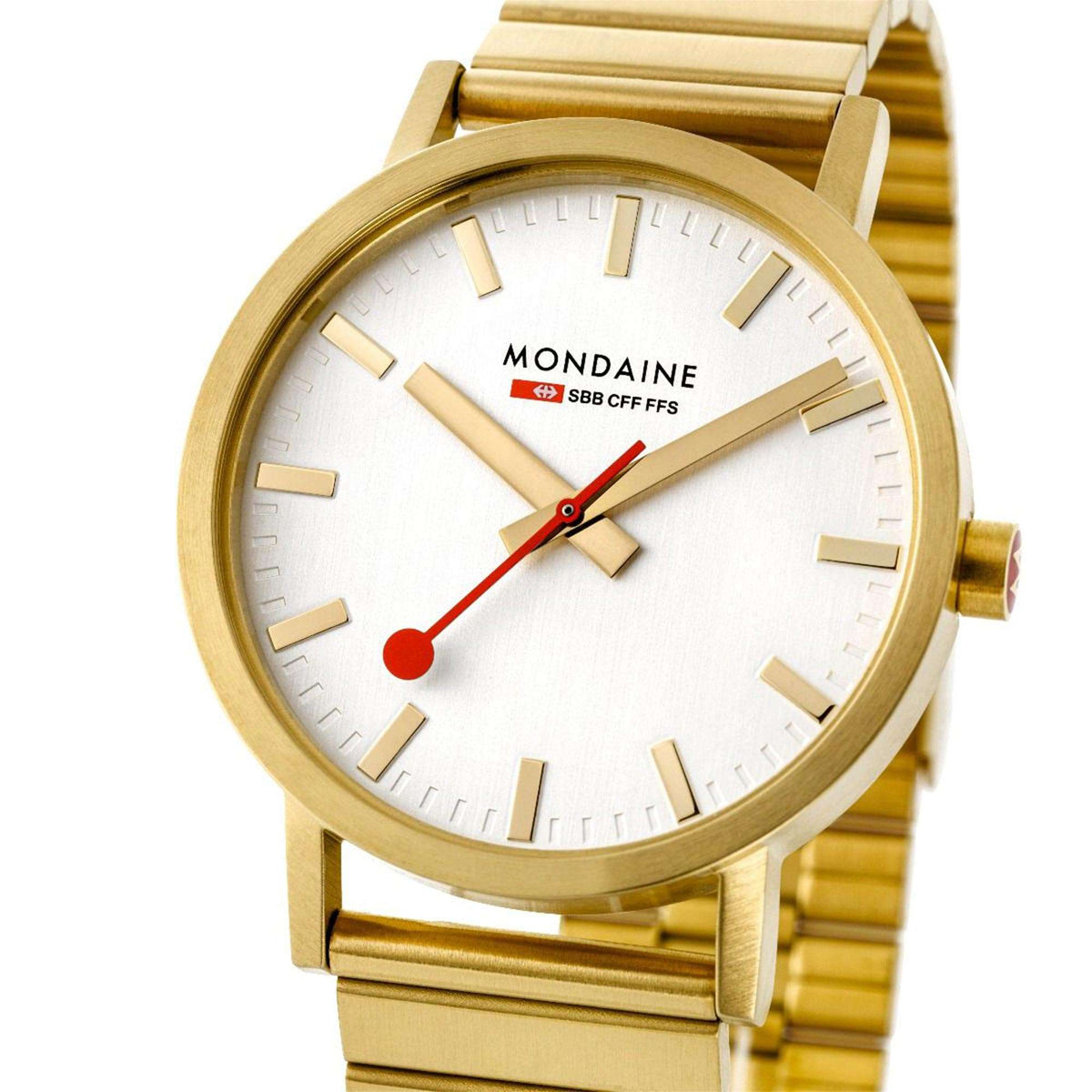 Mondaine gold-tone watch close-up: white dial, baton hour marks, red second hand